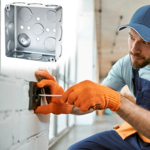 Heavy Duty 4 Inch Square Electrical Box Set 12 Pack Galvanized Metal With 21 Cubic Inch Capacity And Knockouts For Half Inch And Three Quarter Inch Wiring Perfect For Junction Box Projects And DIY Electrical Installations installed in wall