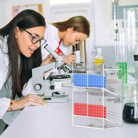 Clear Test Tube Rack With Four Compartments, Extra Bottom Storage Space And Two Pull Out Trays in lab setting with researchers