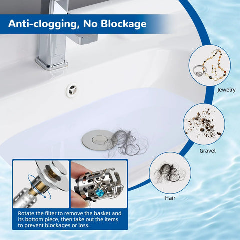Installed Hibbent chrome 3-in-1 sink drain strainer with pop-up stopper and removable stainless steel filter basket; fits 1.1–2.36 in basins.