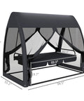 3 Seat Outdoor Patio Swing Daybed With Convertible Backrest, Cozy Cushions, Built In Canopy, Side Pocket And Mesh Netting