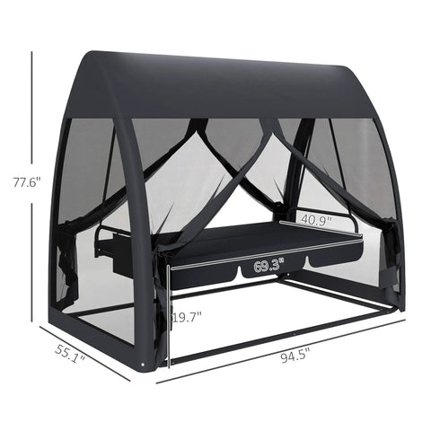 3 Seat Outdoor Patio Swing Daybed With Convertible Backrest, Cozy Cushions, Built In Canopy, Side Pocket And Mesh Netting