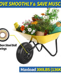 13.5 Inch Solid Flat Free Wheelbarrow Tire in use on wheelbarrow loaded with plants, showing 4.00-6 tire with carbon steel ball bearings