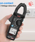 True RMS Clamp Meter Multimeter For Auto Ranging AC And DC Current And Voltage Measures, handheld in front of wall socket