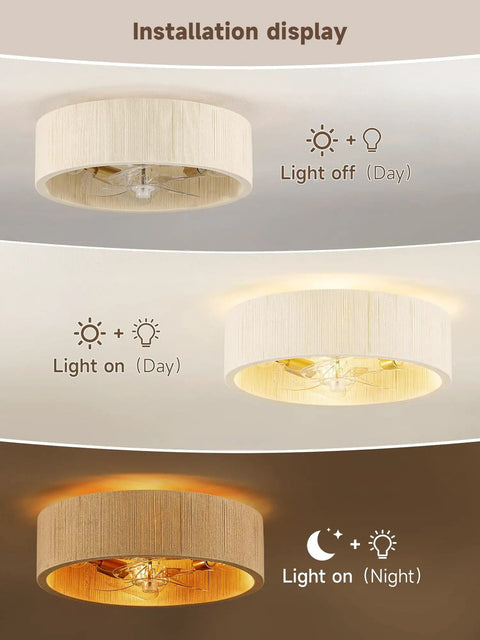 Jughtbo Boho Caged Fandelier Ceiling Fans with Lights and Remote Control installation display showing day and night settings.