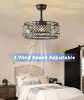 Farmhouse Crystal Cage Ceiling Fan With Remote Light 3 Speeds Cozy Vibe in bedroom, showing crystal cage design and lighting.