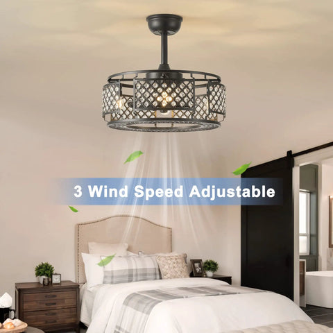 Farmhouse Crystal Cage Ceiling Fan With Remote Light 3 Speeds Cozy Vibe in bedroom, showing crystal cage design and lighting.