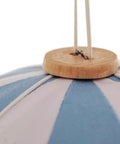 Close-up of Handmade Hanging Hot Air Balloon Nursery Decor In Baby Blue For Kids Room Large 12 Inch Textile Ornament attachment point.