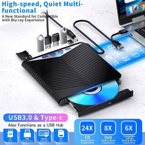 7 In 1 External Blu Ray Drive Read Write Burner With USB 3 0 And Type C Connectivity Compatible With Windows 7 11 Mac OS And PC Supports BD DVD CD M Disc Black, black slim external drive with disc tray open