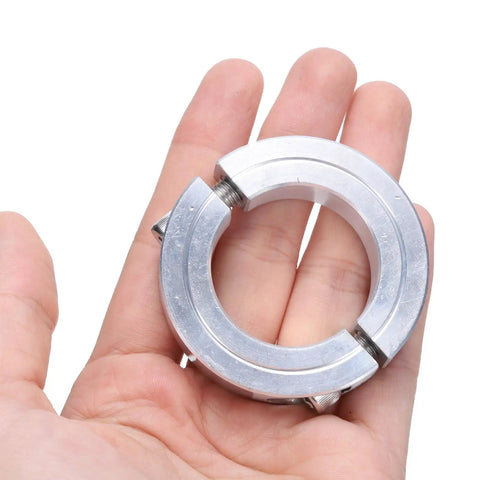 Double Split Shaft Collar Clamp For One And Quarter Inch Shaft Two Piece Aluminum Alloy Clamp With Two And One Sixteenth Inch Outer Diameter And One Half Inch Thickness Set Screw Lock For Secure Precise Positioning, hand-held