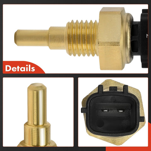 Engine coolant temperature sensor, brass body, side view with 2-pin connector