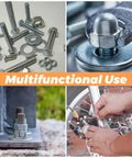 Collage showing 400 Piece Zinc Plated Carbon Steel Flat Washers 8mm ID x 30mm OD x 2mm Thick in various uses