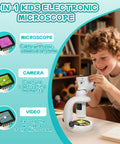 Portable Kids Microscope Kit With Twelve Slides And Two Point Four Inch Digital Screen 200X To 1000X Magnification Handheld Microscope For STEM Learning Kid Friendly Hands On Science Toy Gift For Ages Three To Twelve, child using base
