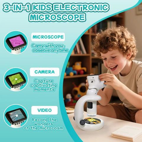 Portable Kids Microscope Kit With Twelve Slides And Two Point Four Inch Digital Screen 200X To 1000X Magnification Handheld Microscope For STEM Learning Kid Friendly Hands On Science Toy Gift For Ages Three To Twelve, child using base
