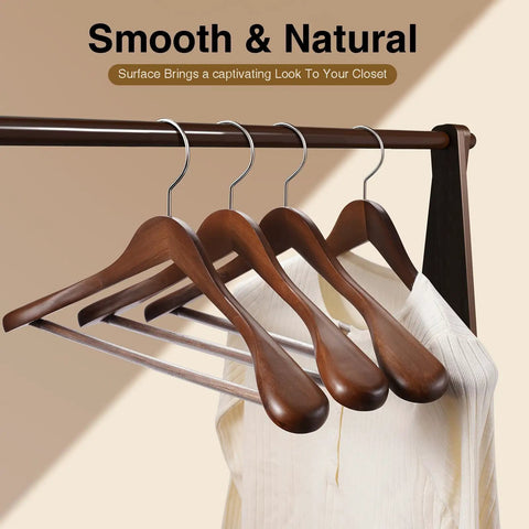 Six Pack Wide Shoulder Walnut Wooden Hangers With Heavy Duty Rotating Hooks Non Slip Pants Bar Smooth Finish Solid Wood Coat Hangers For Sweaters Jackets And Pants Built To Last And Keep Your Closet Organized