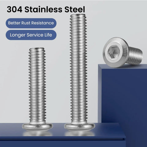 Heavy Duty M6 Flat Head Hex Socket Cap Screws And Bolts 10 Piece Set With Hex Key 304 Stainless Steel close-up of screws