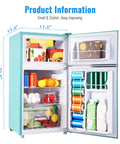 Hella Spacious 3.5 Cubic Feet Retro Mini Fridge With Handle Compact Refrigerator inside view showing food storage and drinks.