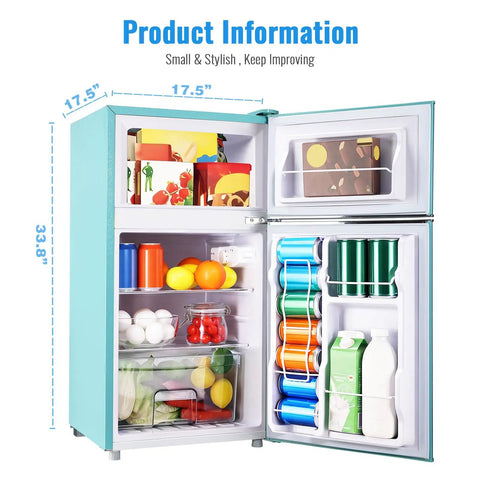 Hella Spacious 3.5 Cubic Feet Retro Mini Fridge With Handle Compact Refrigerator inside view showing food storage and drinks.