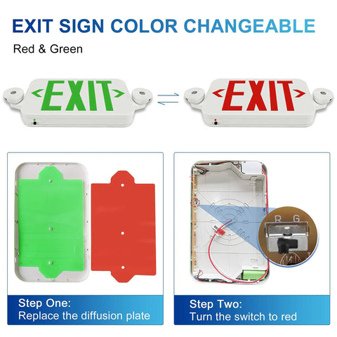 Two Pack Exit Sign With Emergency Lights Color Changing Red And Green UL Certified Battery Backup setup instructions