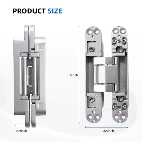 2 Pack 6 Inch Hidden Door Hinges Heavy Duty Matte Silver Zinc Alloy Smooth Swing Built Like A Tank For Interior Doors And Cabinets Pain Free Install Solid Hardware dimensions showing sizes 6 inch by 2.5 inch by 0.9 inch