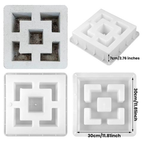 Top and side view of Two Pack Concrete Breeze Brick Molds with 11.81 Inch Double Square Pattern for DIY Casting, made of ABS plastic.