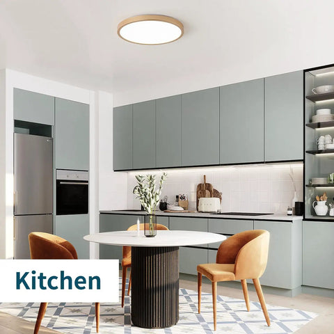 Gold LED Flush Mount Ceiling Light Fixture 12 Inch 28W 5000K Set Of 4 Ultra Slim Ceiling Lamps illuminating a modern kitchen