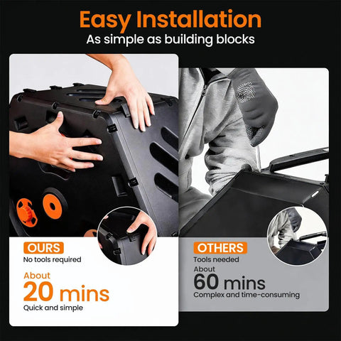 Easy assembly of Two Chamber 45 Gallon Compost Tumbler With 360 Degree Rotation Large Outdoor Bin for quick installation.