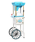 Vintage Cart Shaved Ice Machine Slushie Maker With Stainless Blades on wheels, featuring colorful snow cones and fluffy ice.