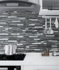 Peel And Stick Backsplash Tile Set With Black And Grey Wood Grain Look PVC Mixed Metal Finish, kitchen wall application