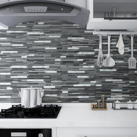 Peel And Stick Backsplash Tile Set With Black And Grey Wood Grain Look PVC Mixed Metal Finish, kitchen wall application