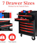 Professional 7 Drawer Rolling Tool Chest with Smooth Gliding Casters and Slick Powder Coated Steel Finish for Garage Crews and Badass Workshop Storage Setup, showing open drawers and tool features.