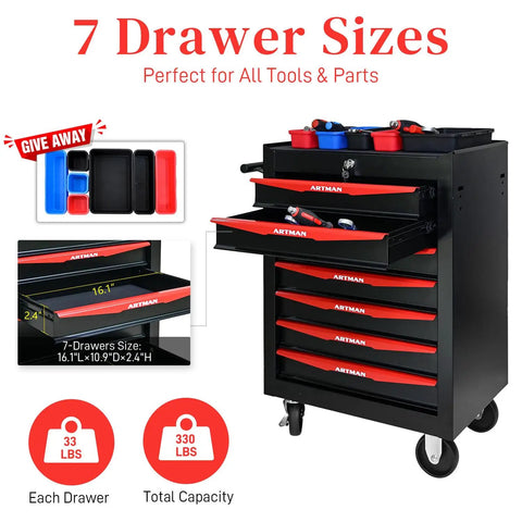 Professional 7 Drawer Rolling Tool Chest with Smooth Gliding Casters and Slick Powder Coated Steel Finish for Garage Crews and Badass Workshop Storage Setup, showing open drawers and tool features.