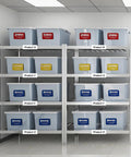 Shelving unit with labeled storage bins showing organized setup using Dry Erase Magnetic Tape Roll 2 Inch By 15 Feet Reusable Label Strips.