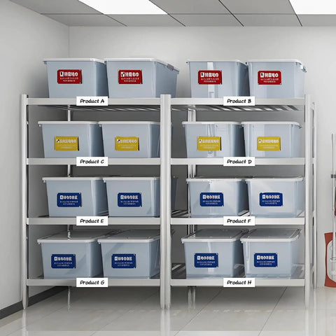 Shelving unit with labeled storage bins showing organized setup using Dry Erase Magnetic Tape Roll 2 Inch By 15 Feet Reusable Label Strips.