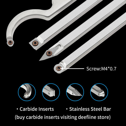 Front view of a four-piece carbide-tipped wood lathe turning tool kit with an interchangeable aluminum alloy handle.
