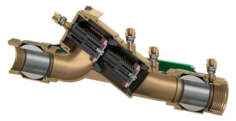2 Inch Double Check Backflow Preventer With Union Ball Valves EZSWAP Modular Check Top Access Compact Bronze Unit For 2 Inch Piping Easy Install Quick Repairs Test Ports Centerline Pro Grade Water Safety Valve For Home Or Trade, cutaway view