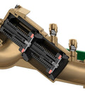 Cutaway view of Two Inch Bronze Double Check Backflow Preventer With Quick Turn Ball Valves And Stainless Steel Handles showing internal mechanisms.