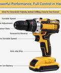 Compact Cordless Drill Driver Powered By A Brushless Workhorse Motor With Bullseye Torque Gears And Slick Stepless Speed Control For Serious DIY And Pro Builds, showcasing variable speed and anti-slip grip.