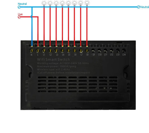 Back wiring of Smart WiFi Touch Light Wall Switch Panel 4 5 6 8 10 Gang Glass Face Tuya Smart Life Ready Voice Control