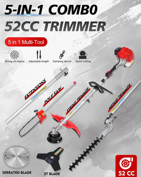 Beast 52cc Gas Weed Wacker Multi Tool with brush cutter, pole saw, hedge trimmer, string line, 40-inch extension displayed.