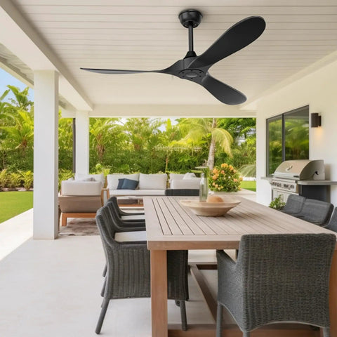 Black Outdoor Ceiling Fan 52 Inch No Light With Remote Control Three Blades Six Speed Reversible DC Motor For Patio