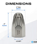 Heavy Duty Stainless Steel Air Nozzle One Half Inch Fnpt Port with 1 inch hex and 2 inch height dimensions displayed.