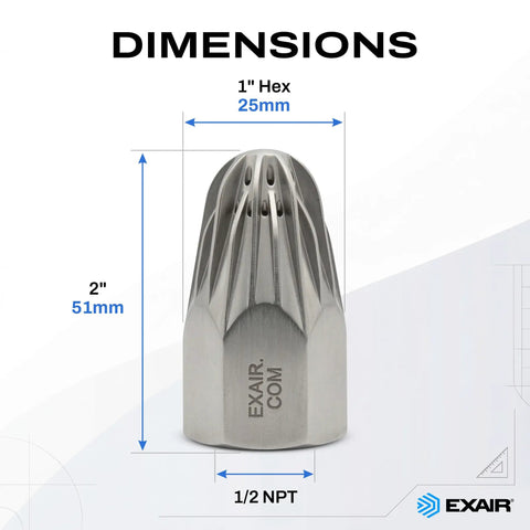 Heavy Duty Stainless Steel Air Nozzle One Half Inch Fnpt Port with 1 inch hex and 2 inch height dimensions displayed.