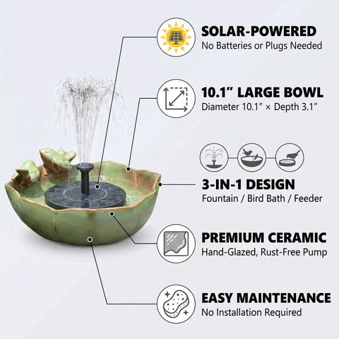 Solar Powered Ceramic Bird Bath Fountain With Large Capacity Bowl For Outdoors Easy Breezy Hummingbird Attracting Water Feature