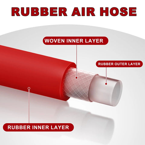 Cross-section of 12 Inch Red Rubber Tire Inflator Hose Whip With Three Eighths Twenty Four UNF Brass Connector And O Ring Built Tough