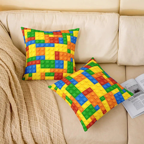 Set Of 2 Reversible Throw Pillow Covers With Color Building Blocks Toy Brick Print, 18x18 Inches, Zipper Closure, Soft 100 Percent Polyester, Cozy Living Room Decor For Home And Kids Rooms, Machine Washable Cushion Covers on sofa