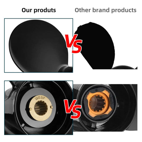 Comparison of Upgrade Aluminum Boat Propeller for Mercury Outboards 40-150 HP vs other brand's design with hub details.