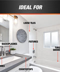 Bathroom showcasing areas for Kwik Seal Kitchen And Bath Adhesive Caulk White 2.8 Oz Waterproof Sealant use on tiles and fixtures.