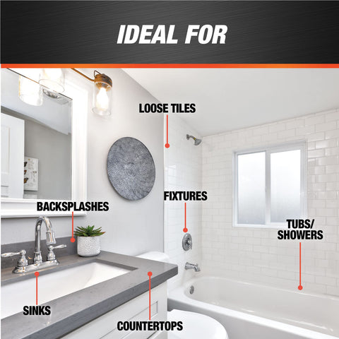 Bathroom showcasing areas for Kwik Seal Kitchen And Bath Adhesive Caulk White 2.8 Oz Waterproof Sealant use on tiles and fixtures.