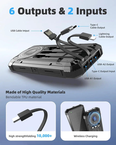 On The Go Solar Power Bank 20000mAh With 15W Wireless Fast Charge three built-in cables and USB ports detail