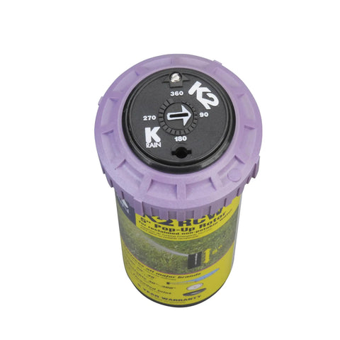 Top Shelf Pop Up Irrigation Nozzles With Three Quarter Female Inlet Five Inch Retractable Body. View of purple collar and spray adjustment.